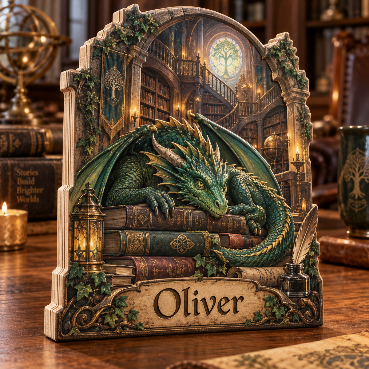 Dragon Library Personalized Wooden Block; example personalization Oliver