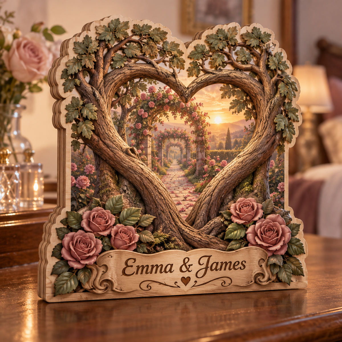 Rose Garden Promise Personalized Wooden Block; example personalization Emma & James