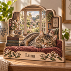 Cat Window Retreat Personalized Wooden Block; example personalization Luna