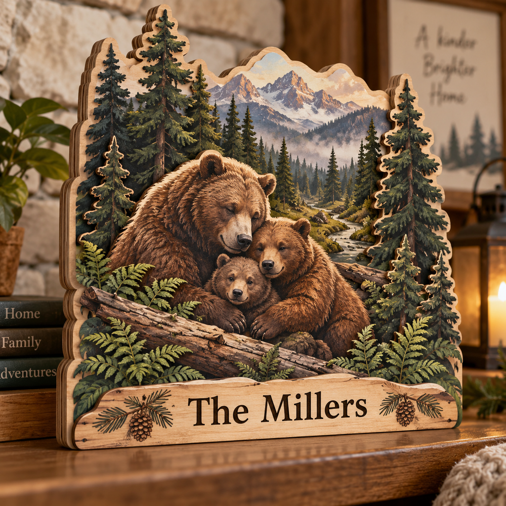 Bear Woodland Home Personalized Wooden Block; example personalization The Millers