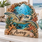 Seaside Turtle Cove Personalized Wooden Block; example personalization Avery