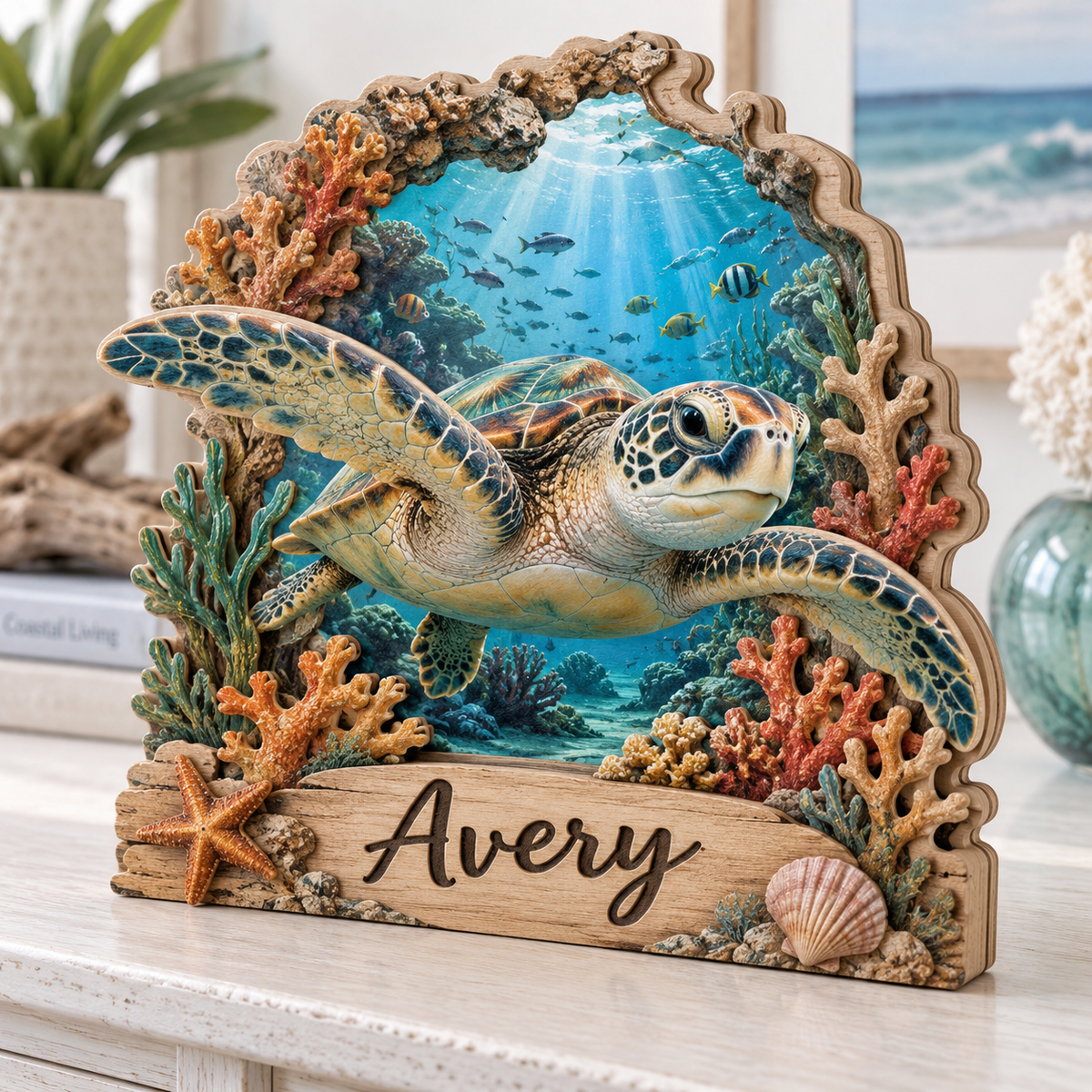Seaside Turtle Cove Personalized Wooden Block; example personalization Avery