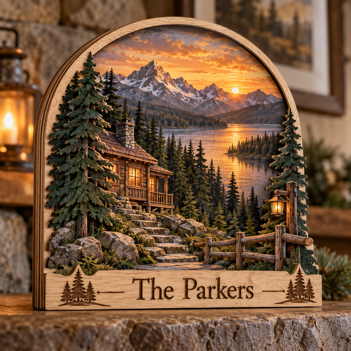 Mountain Cabin Escape Personalized Wooden Block; example personalization The Parkers