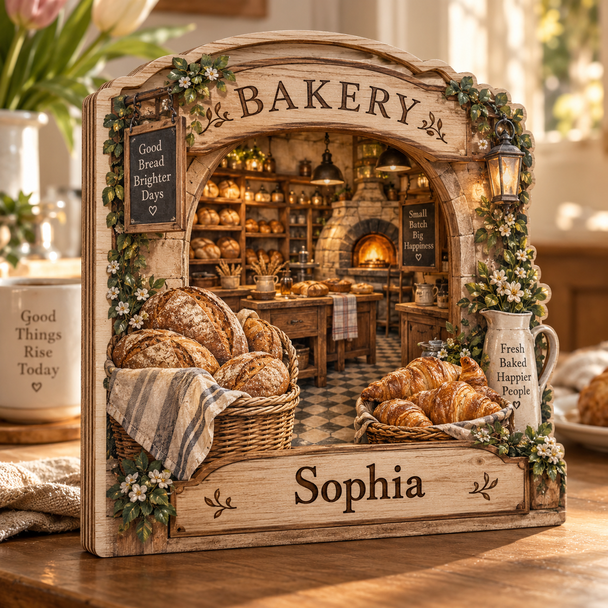 Baker Cottage Personalized Wooden Block; example personalization Sophia