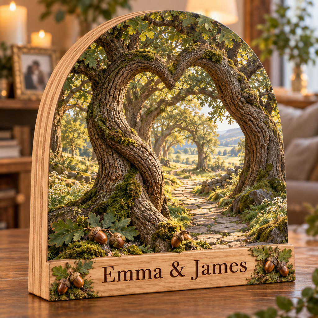 Oak Woodland Heart Arch Personalized Wooden Block; example personalization Emma & James