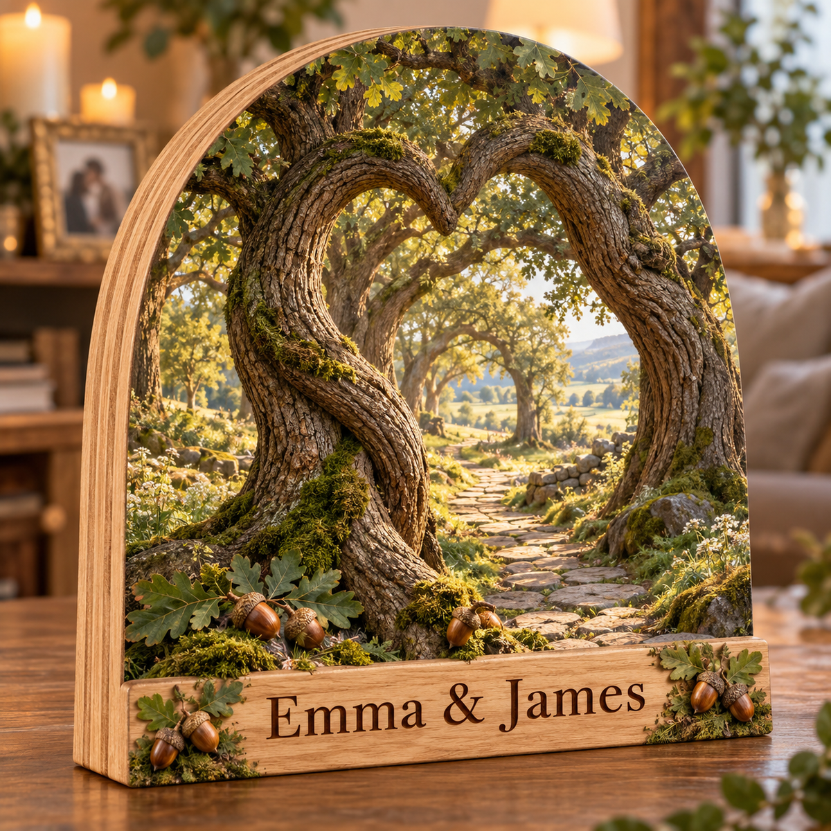 Oak Woodland Heart Arch Personalized Wooden Block; example personalization Emma & James