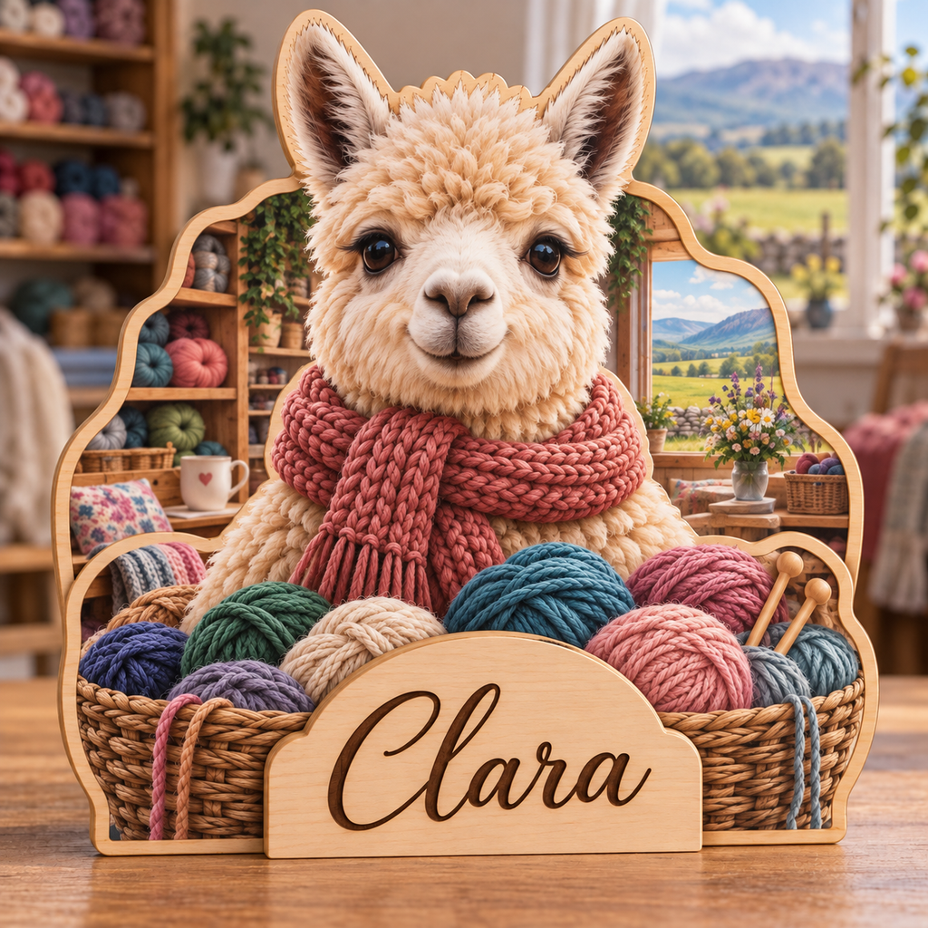 Alpaca Yarn Studio Personalized Wooden Block; example personalization Clara