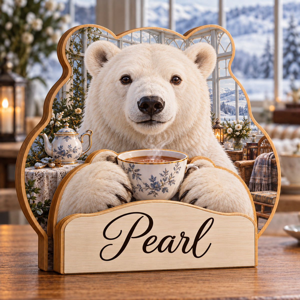 Polar Bear Tea Garden Personalized Wooden Block; example personalization Pearl