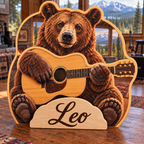 Brown Bear Guitar Lodge Personalized Wooden Block; example personalization Leo