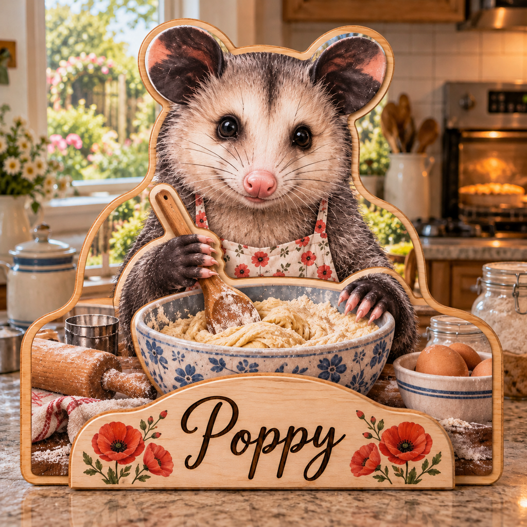 Opossum Baking Kitchen Personalized Wooden Block; example personalization Poppy