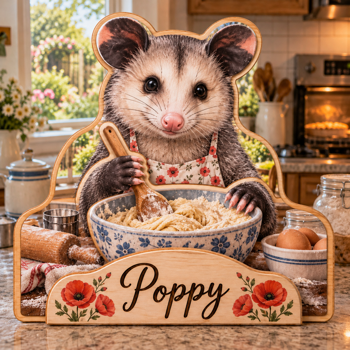 Opossum Baking Kitchen Personalized Wooden Block; example personalization Poppy