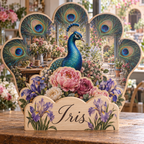 Peacock Floral Atelier Personalized Wooden Block; example personalization Iris