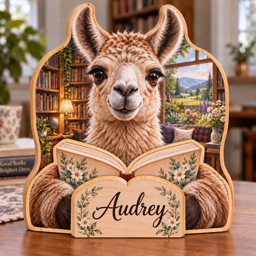 Llama Library Window Personalized Wooden Block; example personalization Audrey