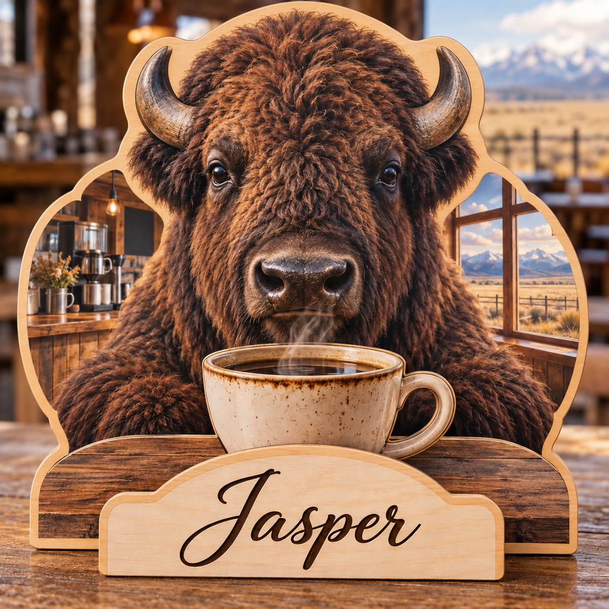 Bison Prairie Cafe Personalized Wooden Block; example personalization Jasper