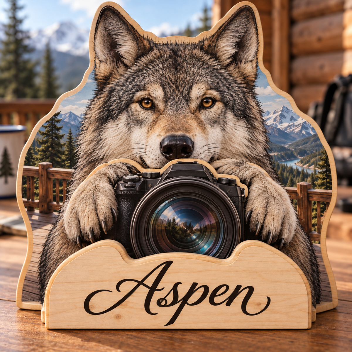 Gray Wolf Alpine Lens Personalized Wooden Block; example personalization Aspen