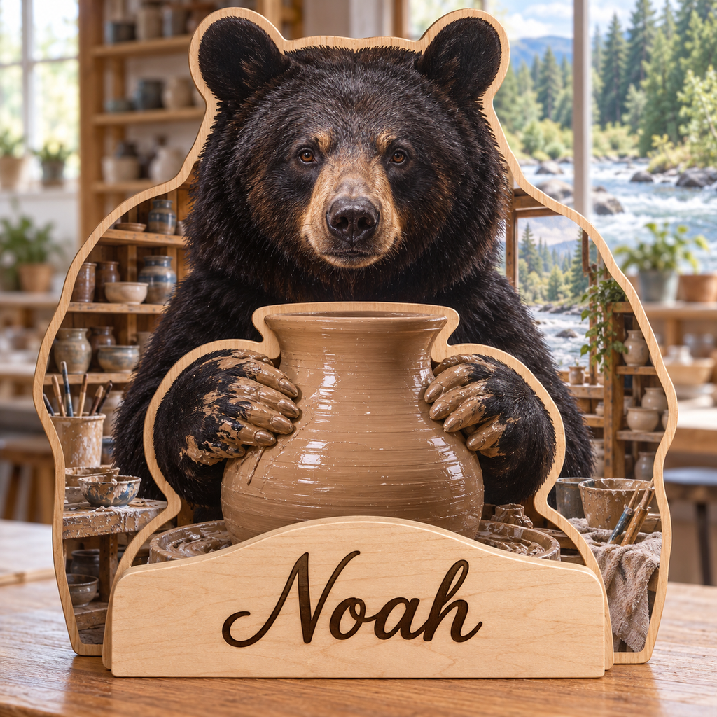Black Bear Clay Atelier Personalized Wooden Block; example personalization Noah
