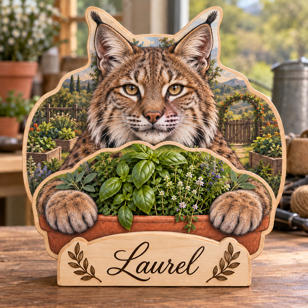 Bobcat Herb Garden Personalized Wooden Block; example personalization Laurel