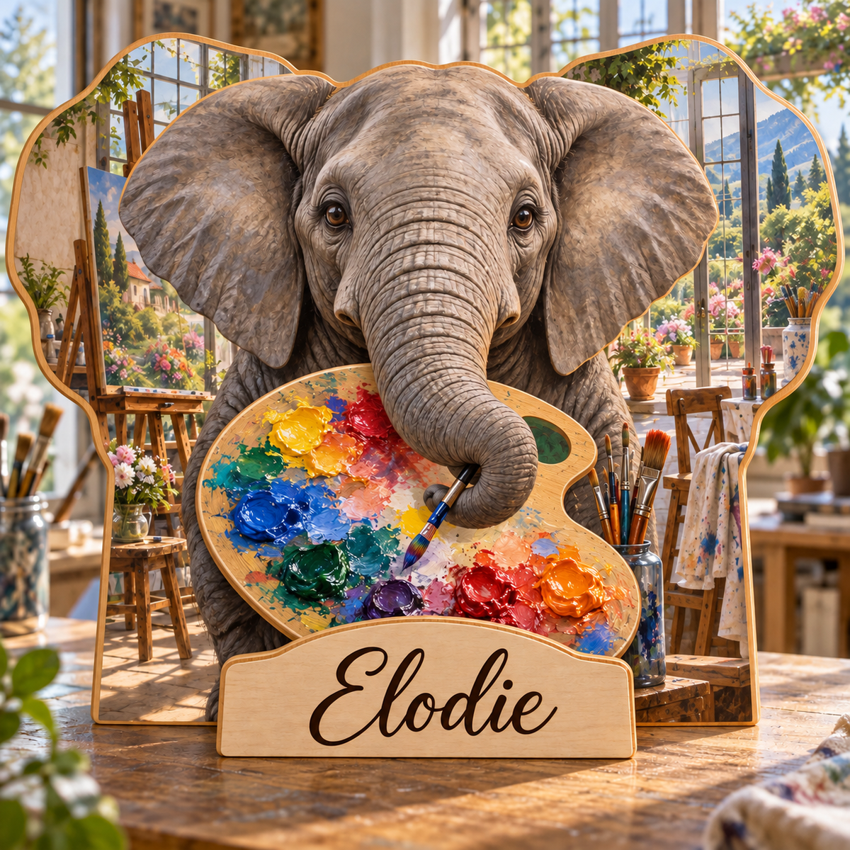 Elephant Artist Studio Personalized Wooden Block; example personalization Elodie