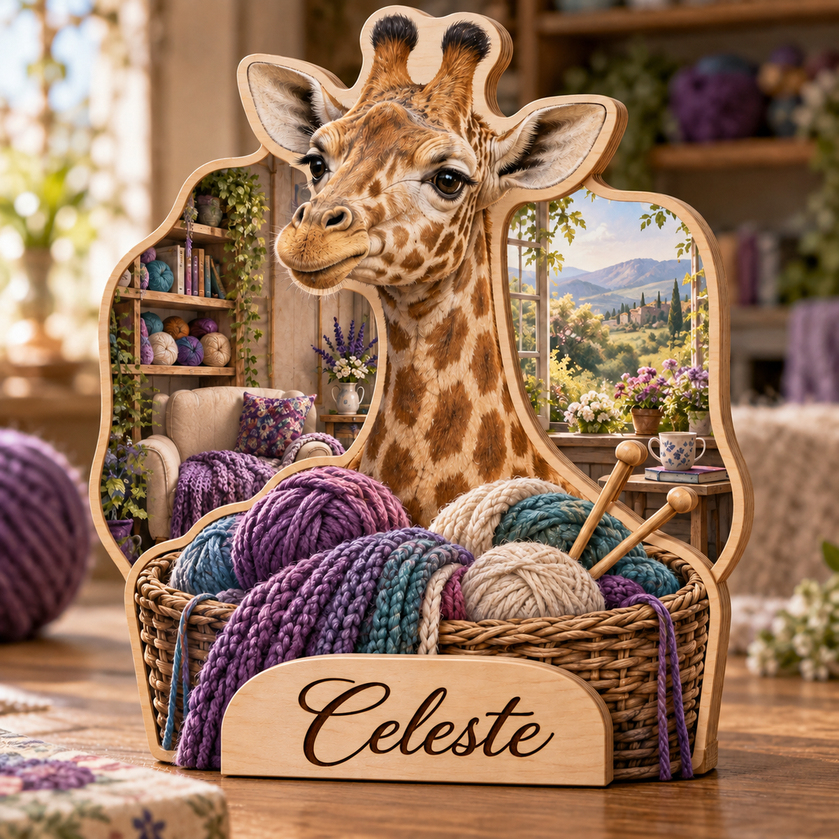 Giraffe Knitting Nook Personalized Wooden Block; example personalization Celeste