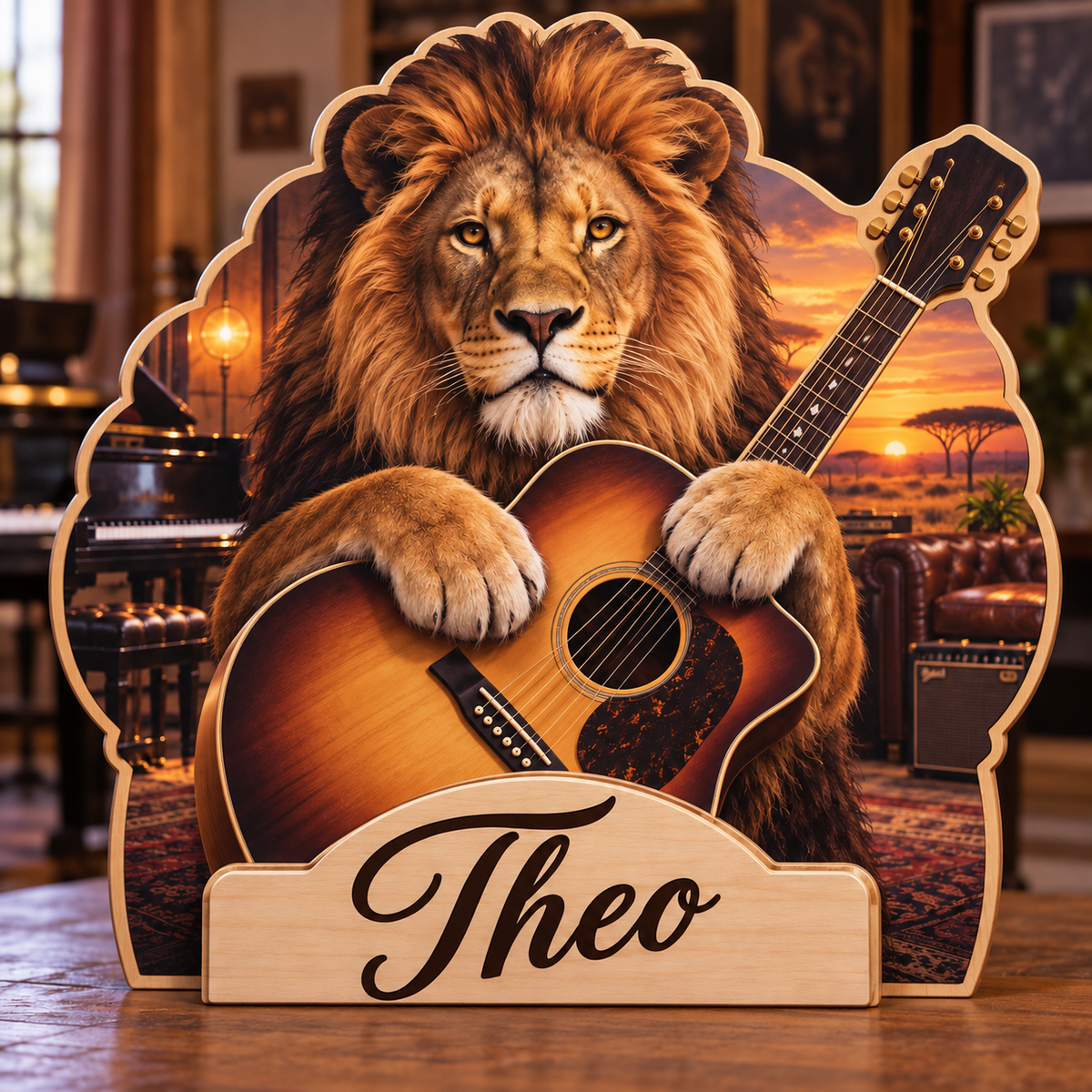 Lion Acoustic Lounge Personalized Wooden Block; example personalization Theo