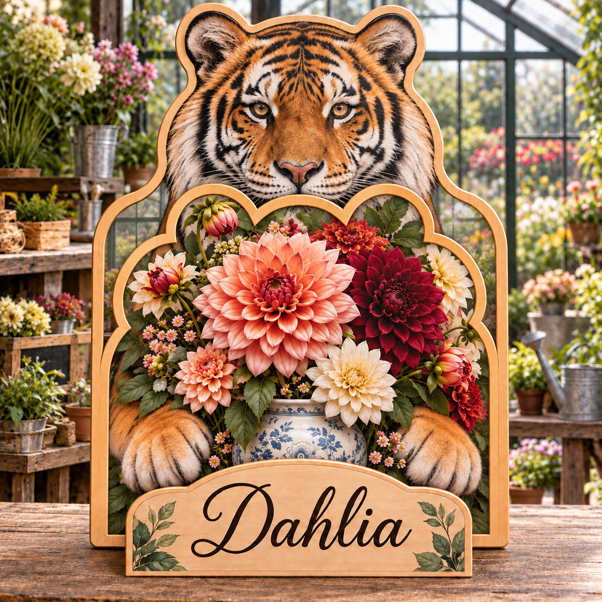 Tiger Flower Atelier Personalized Wooden Block; example personalization Dahlia