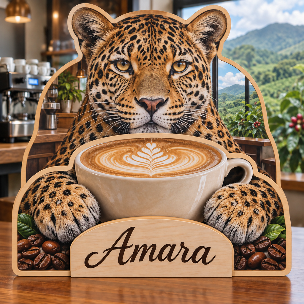 Leopard Coffee Retreat Personalized Wooden Block; example personalization Amara