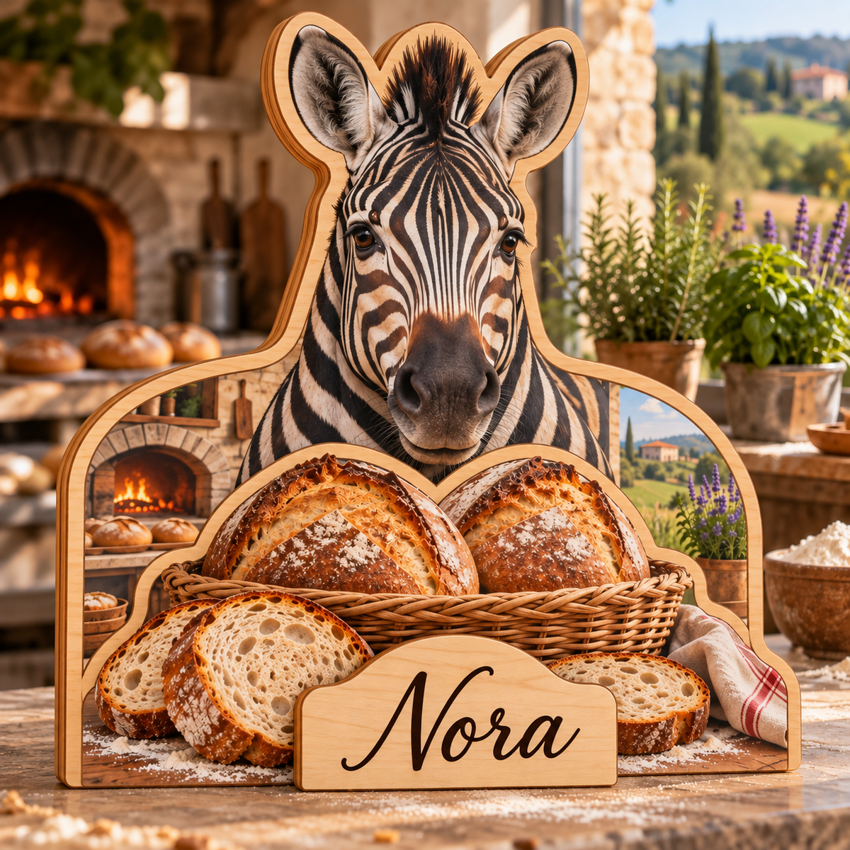 Zebra Sourdough Kitchen Personalized Wooden Block; example personalization Nora