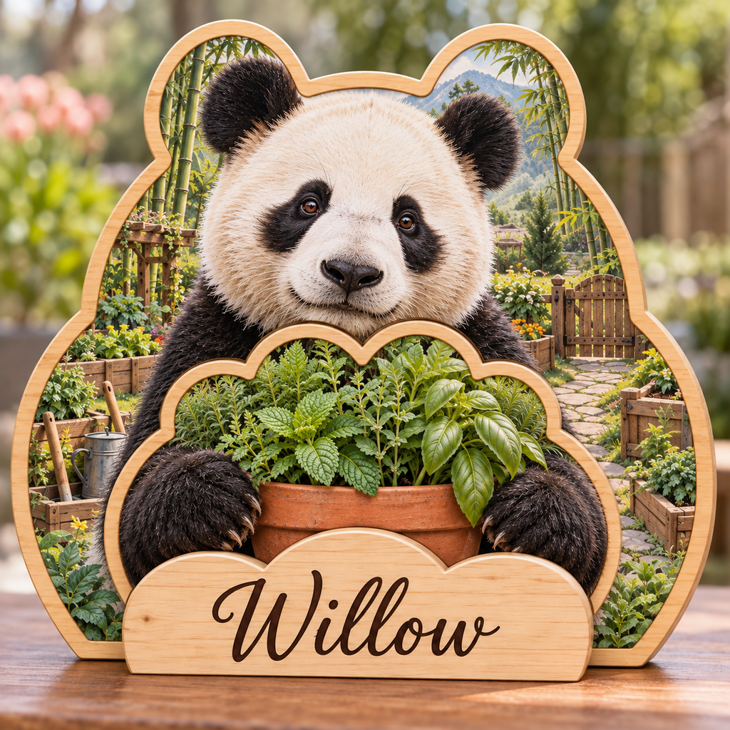 Panda Garden Sanctuary Personalized Wooden Block; example personalization Willow
