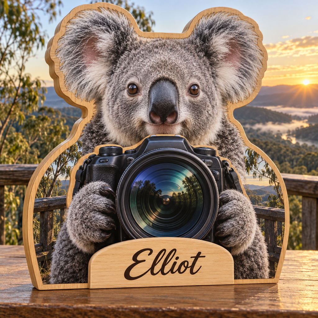 Koala Photography Lookout Personalized Wooden Block; example personalization Elliot