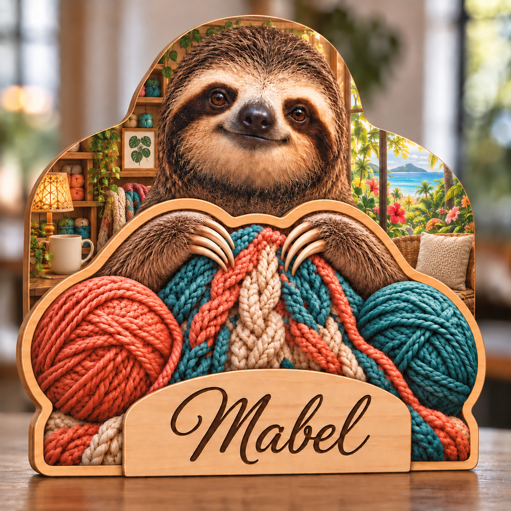 Sloth Cozy Stitch Studio Personalized Wooden Block; example personalization Mabel