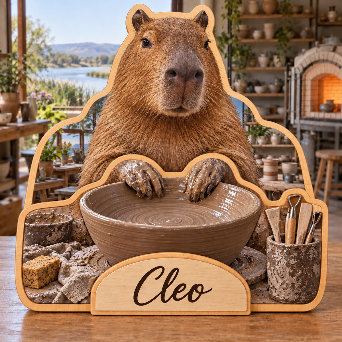 Capybara Ceramic Studio Personalized Wooden Block; example personalization Cleo