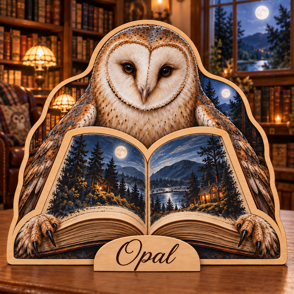 Barn Owl Moonlit Library Personalized Wooden Block; example personalization Opal