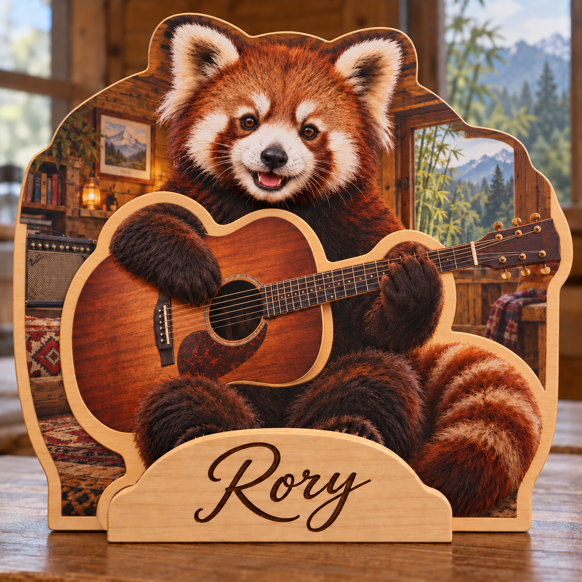 Red Panda Guitar Cabin Personalized Wooden Block; example personalization Rory