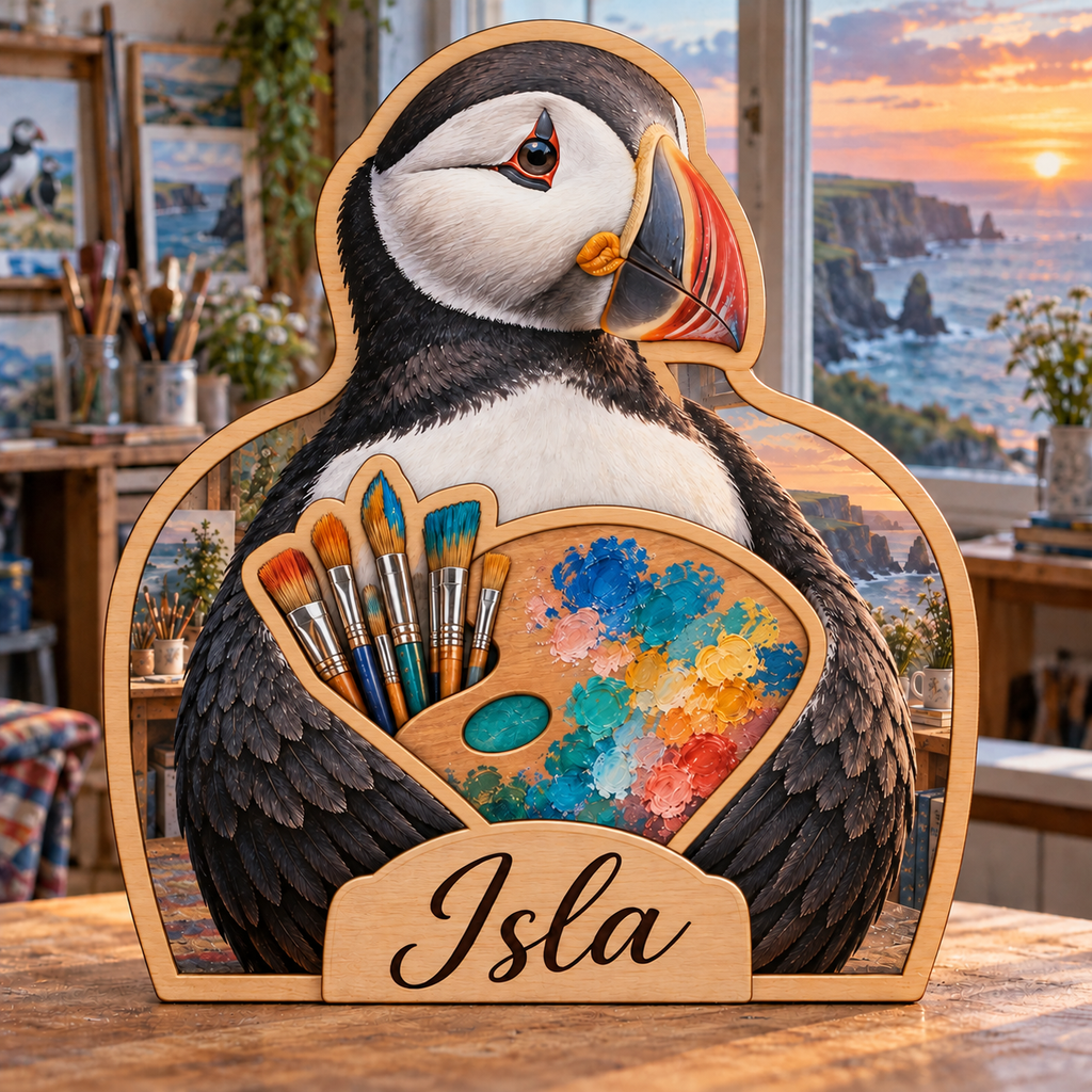 Puffin Ocean Palette Personalized Wooden Block; example personalization Isla