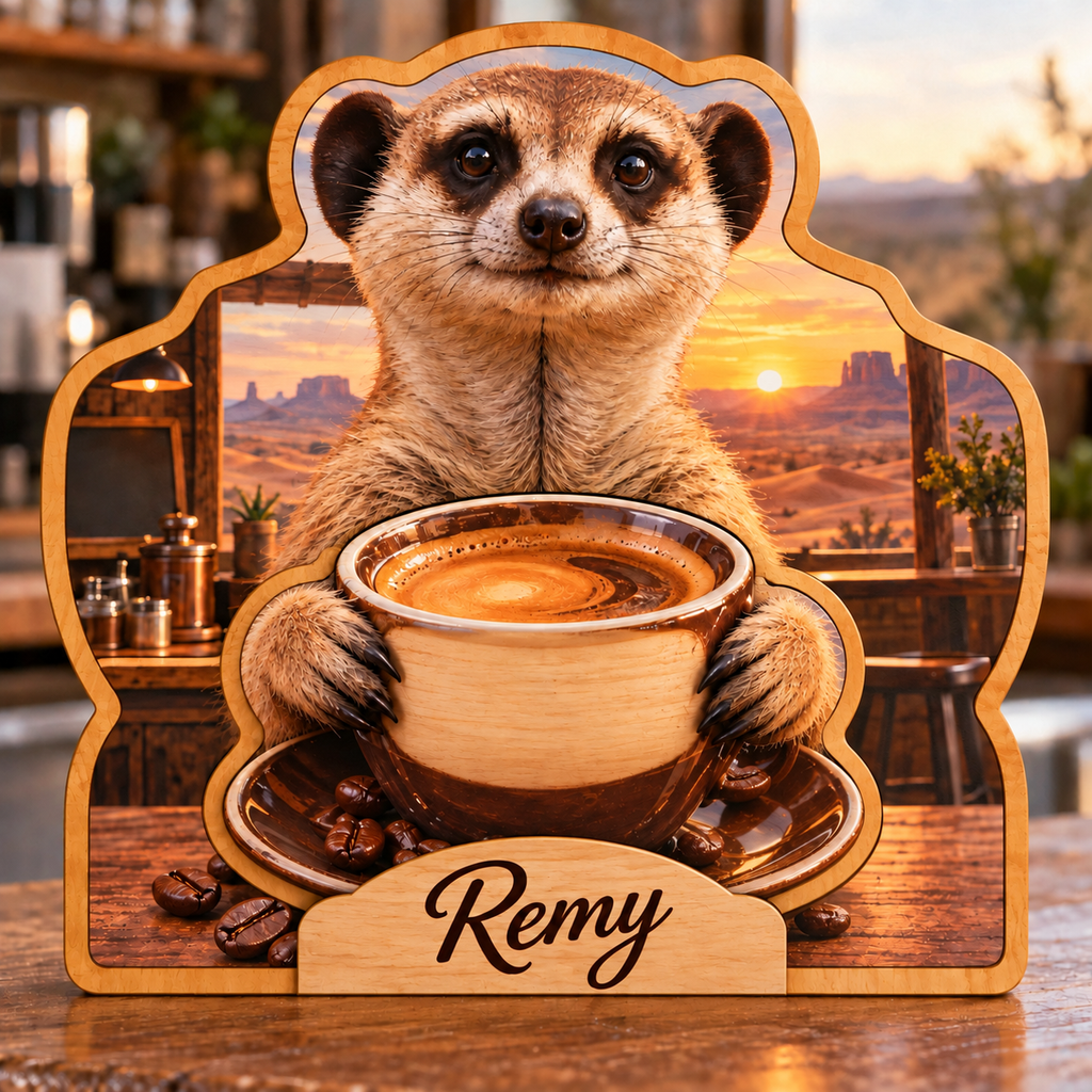 Meerkat Espresso Hideaway Personalized Wooden Block; example personalization Remy