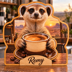 Meerkat Espresso Hideaway Personalized Wooden Block; example personalization Remy