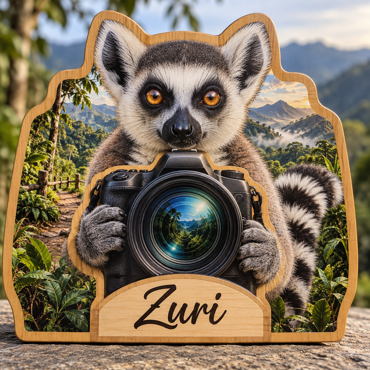 Lemur Jungle Lens Personalized Wooden Block; example personalization Zuri
