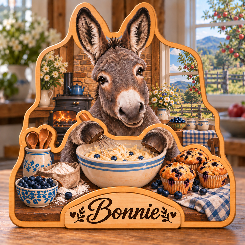 Donkey Country Bakehouse Personalized Wooden Block; example personalization Bonnie