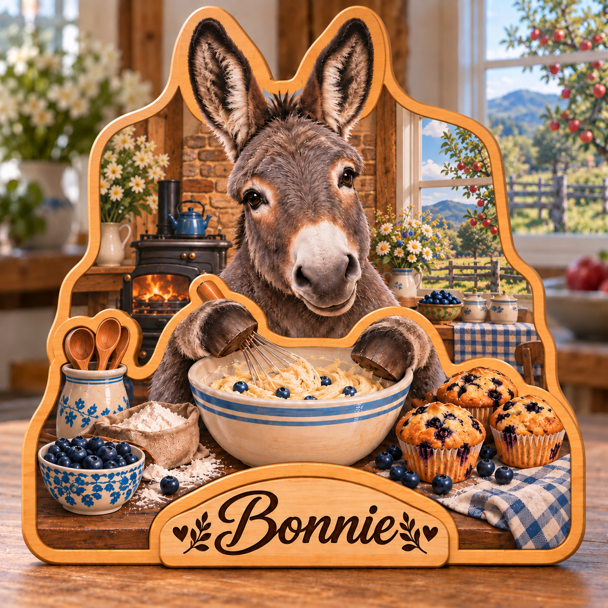 Donkey Country Bakehouse Personalized Wooden Block; example personalization Bonnie