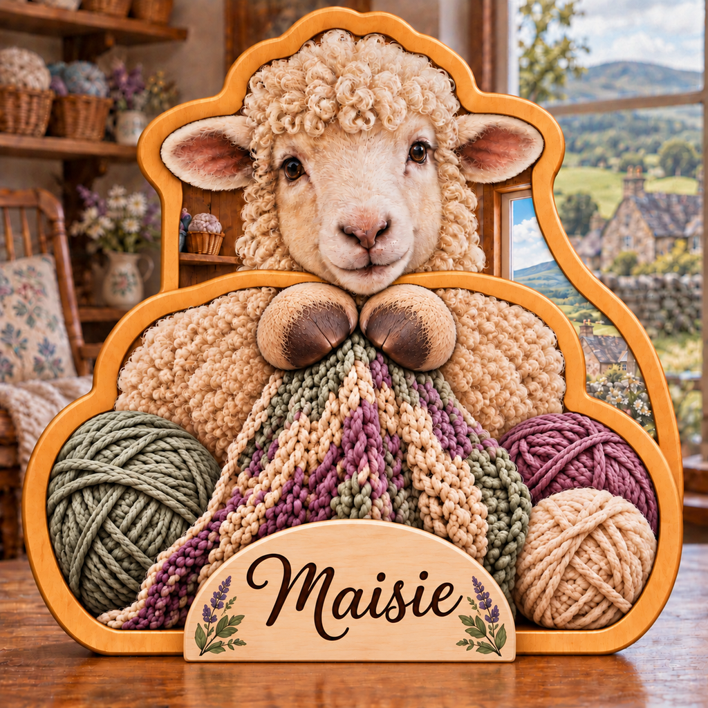 Sheep Wool Cottage Personalized Wooden Block; example personalization Maisie
