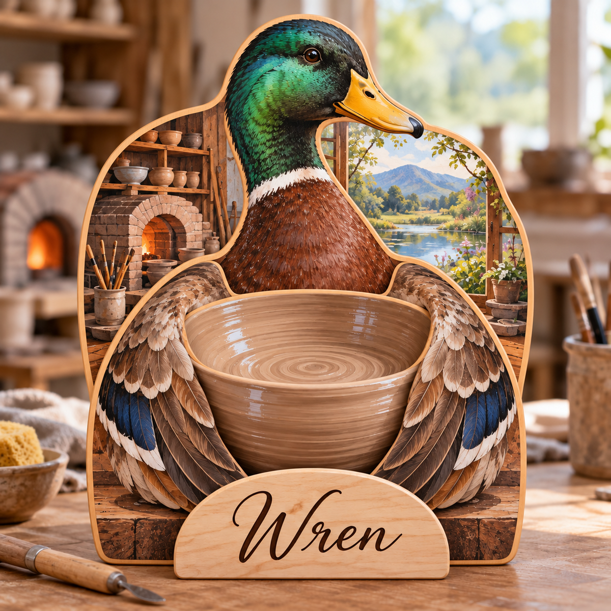 Duck Clay Workshop Personalized Wooden Block; example personalization Wren