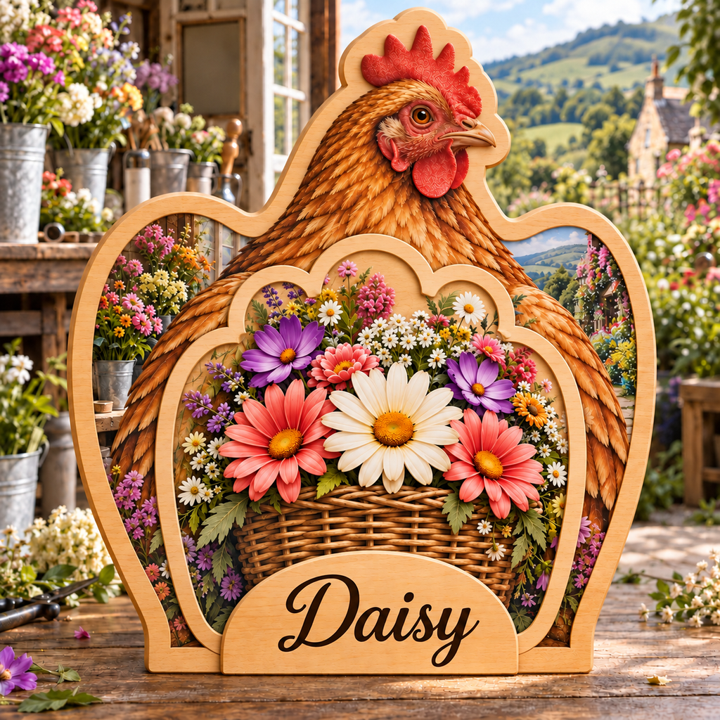 Hen Blossom Atelier Personalized Wooden Block; example personalization Daisy