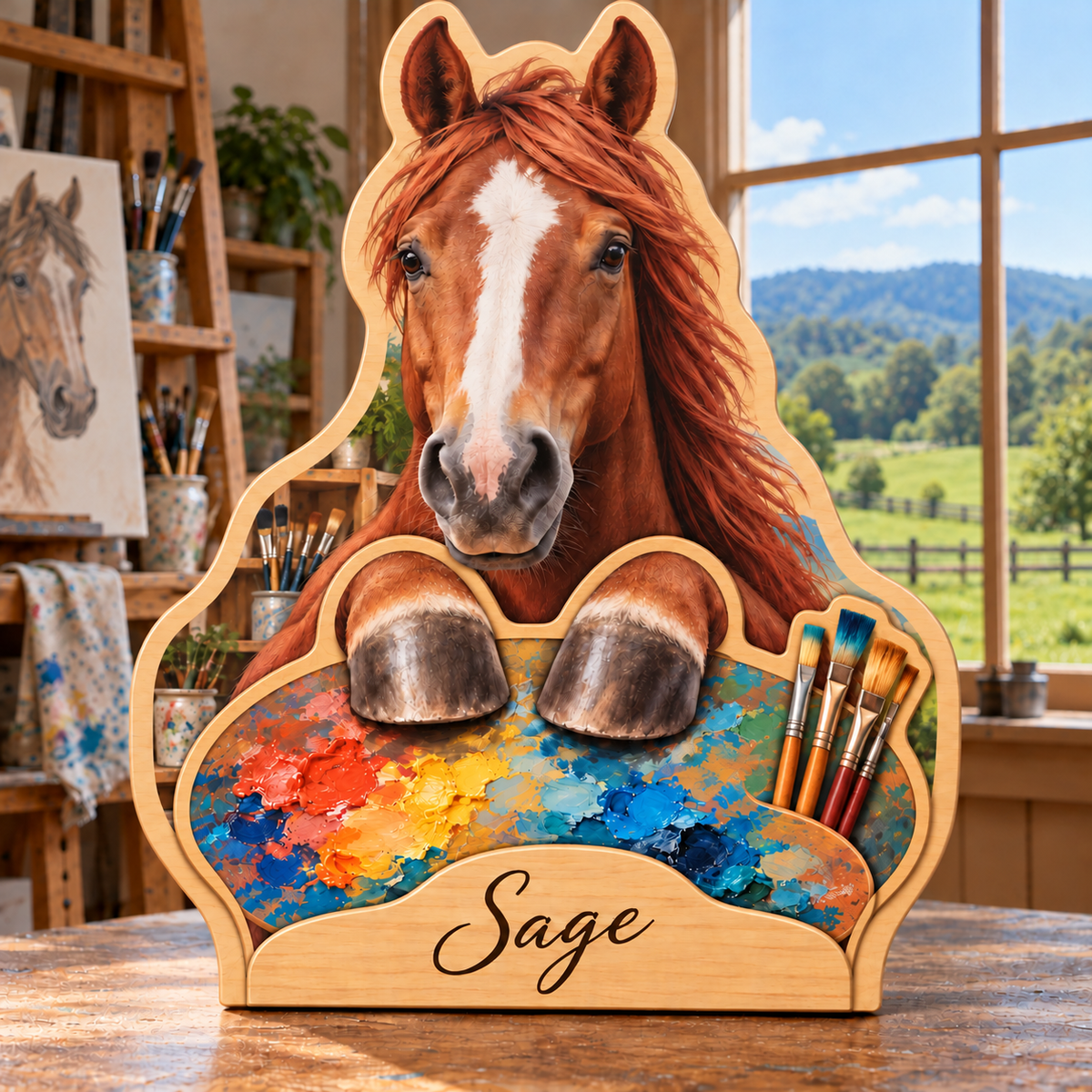 Horse Meadow Art Studio Personalized Wooden Block; example personalization Sage