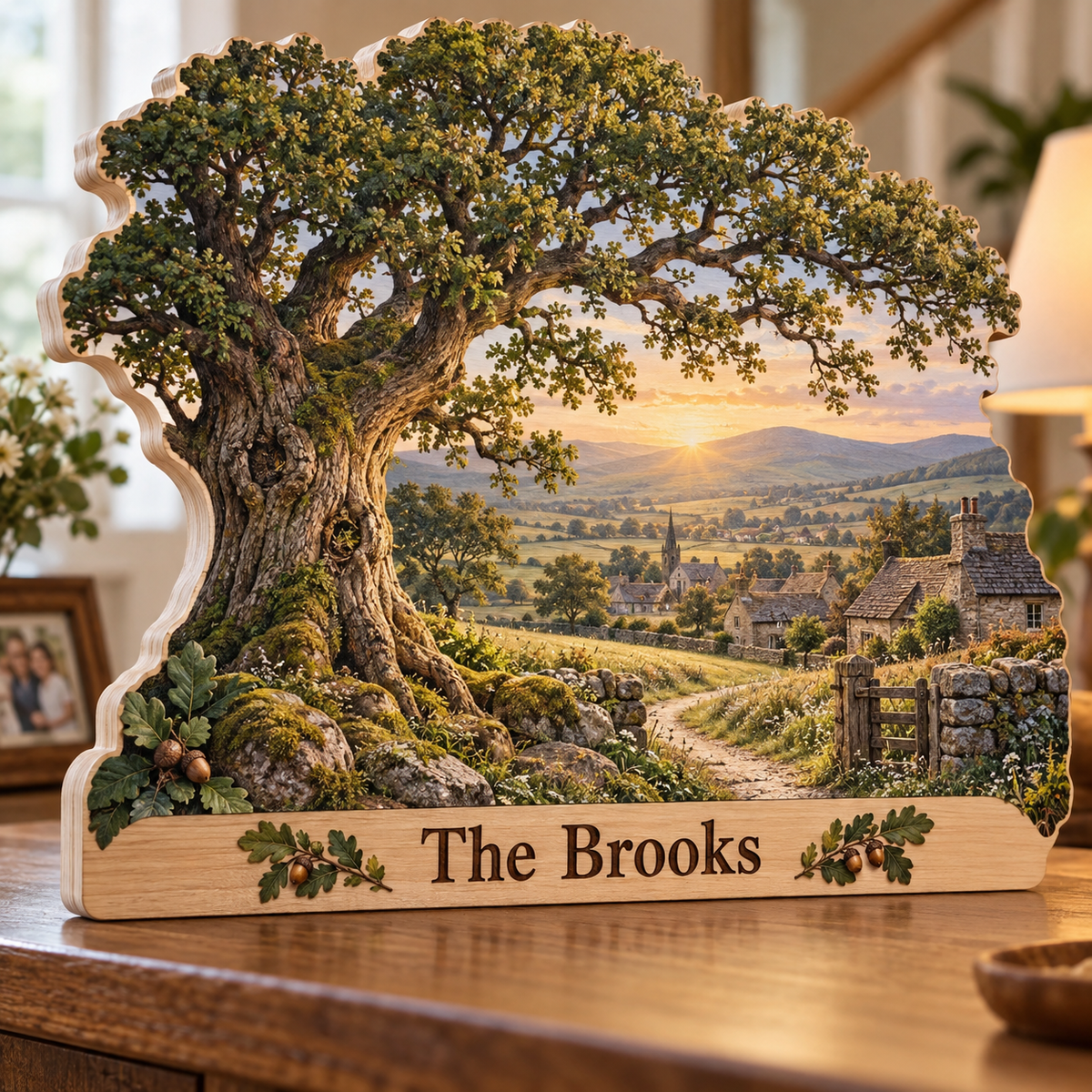 Oak Tree Village Footpath Personalized Wooden Block; example personalization The Brooks