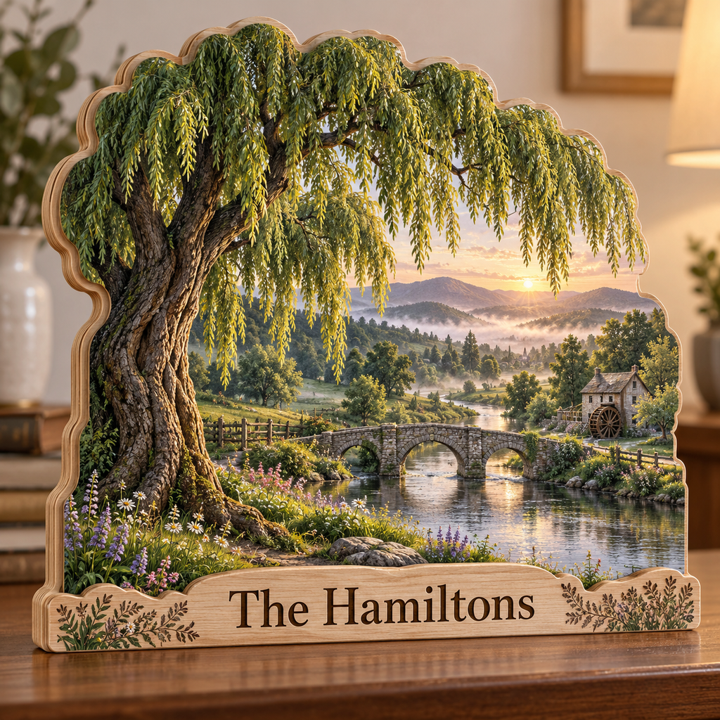 Willow Tree Riverside Stone Bridge Personalized Wooden Block; example personalization The Hamiltons