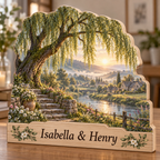 Willow Tree Riverbend Stone Steps Personalized Wooden Block; example personalization Isabella & Henry