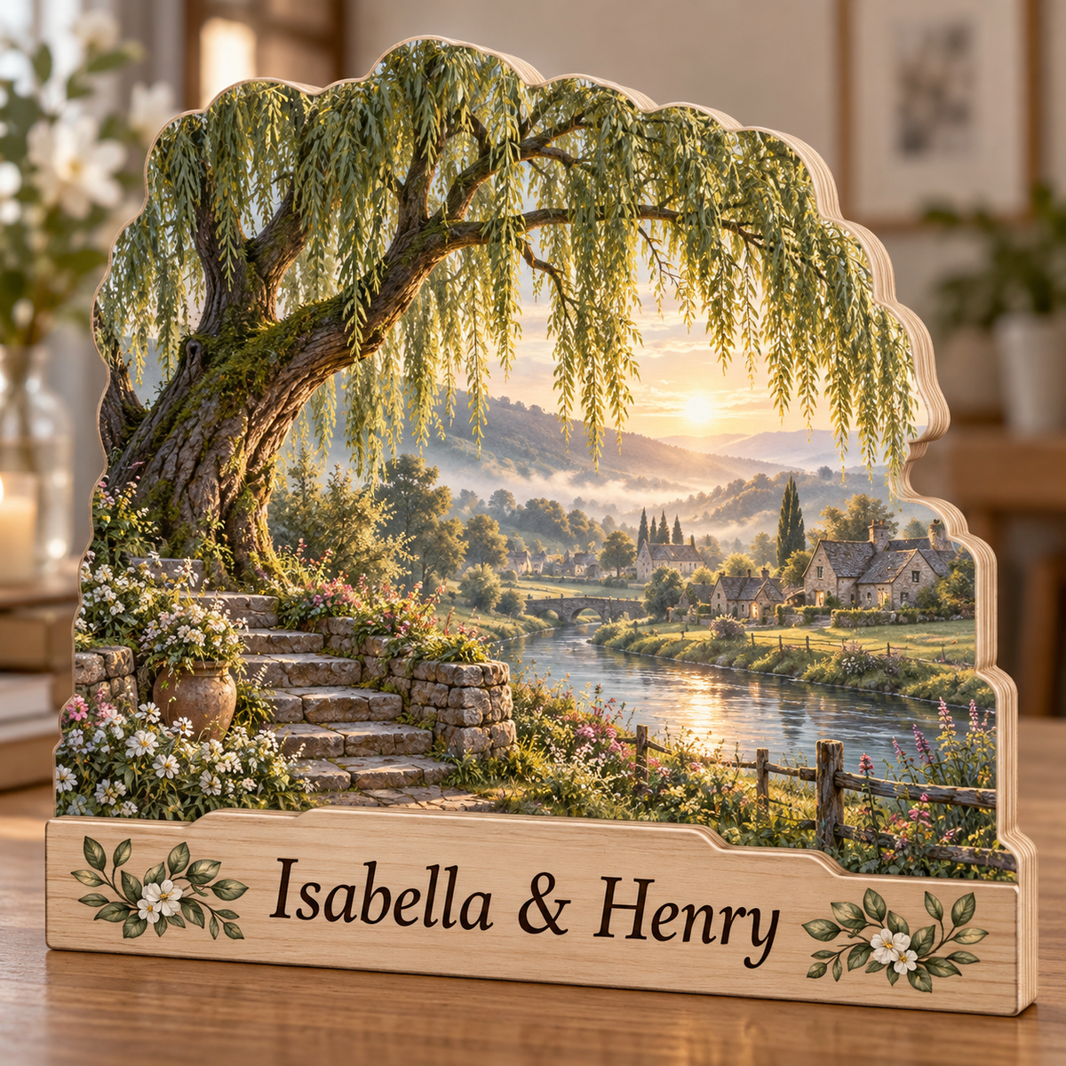 Willow Tree Riverbend Stone Steps Personalized Wooden Block; example personalization Isabella & Henry
