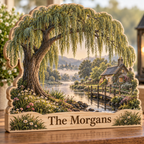 Willow Tree Riverside Cottage Personalized Wooden Block; example personalization The Morgans