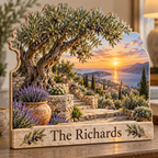 Olive Tree Terrace Sea View Personalized Wooden Block; example personalization The Richards