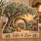 Olive Tree Tuscan Courtyard Arch Personalized Wooden Block; example personalization Sofia & Luca